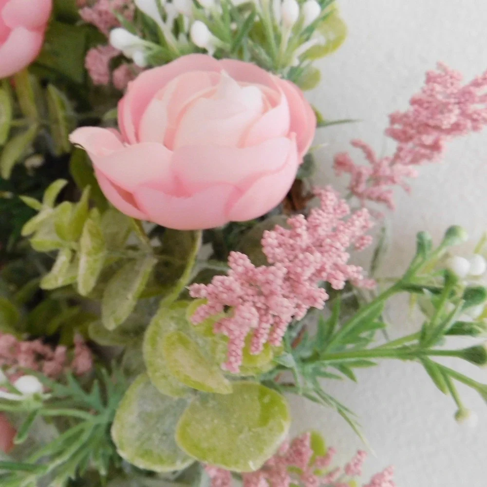 Dusty Miller Mini Wreath, Eucalyptus,‎ Pink Flowers, Candle Ring